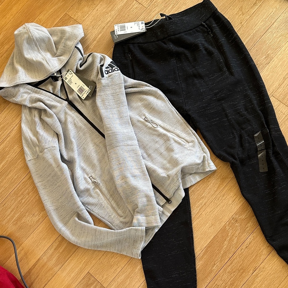 Adidas Light Gray Zip Hoodie and Black Pants